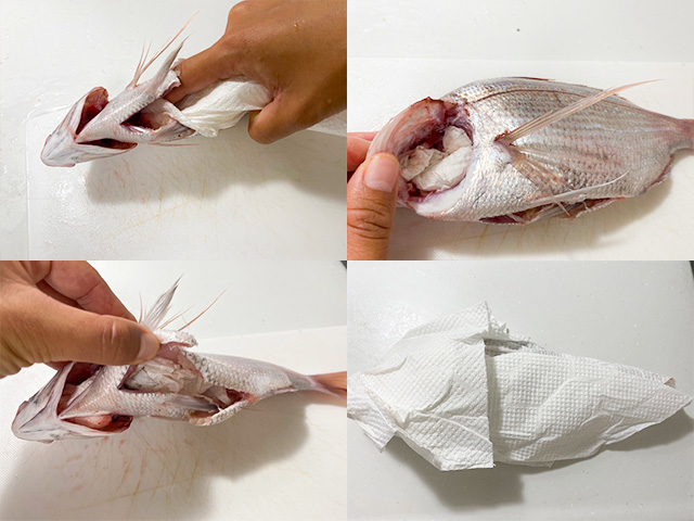 お魚の熟成手順2：キッチンペーパーを中に詰めてぐるぐる巻きます