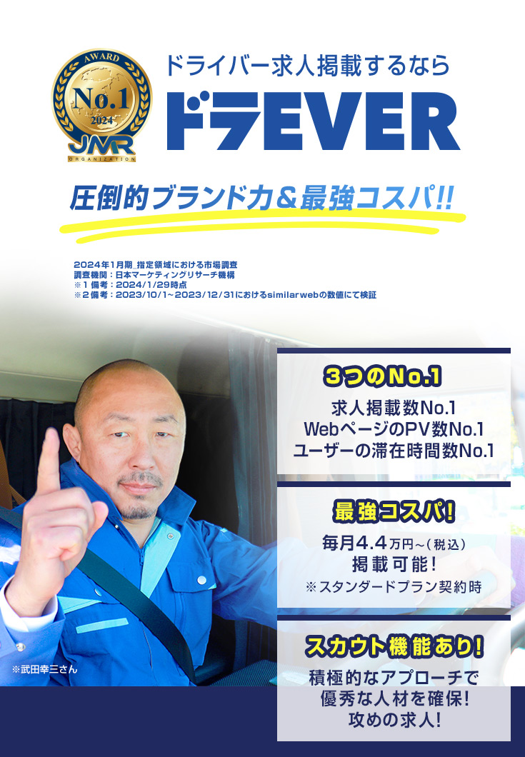 【ドライバー求人掲載するならドラEVER】圧倒的ブランド力&最強コスパ!!毎月税込4.4万円から掲載が可能。スカウト機能による積極的なアプローチで優秀な人材を確保。求人掲載数、WebページのPV数、ユーザーの滞在時間数でナンバーワンを獲得※2024年1月期 日本マーケティングリサーチ機構による市場調査より