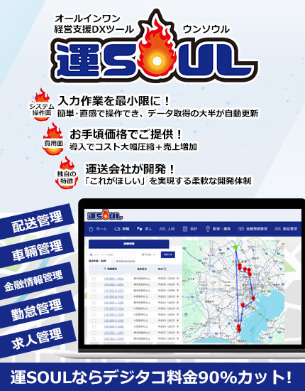 運SOULは運送会社の経営を支援するDXツールです。配送管理、車両管理、勤怠管理、求人管理、金融情報管理といった、経営に必要な機能がしっかり備わっています。